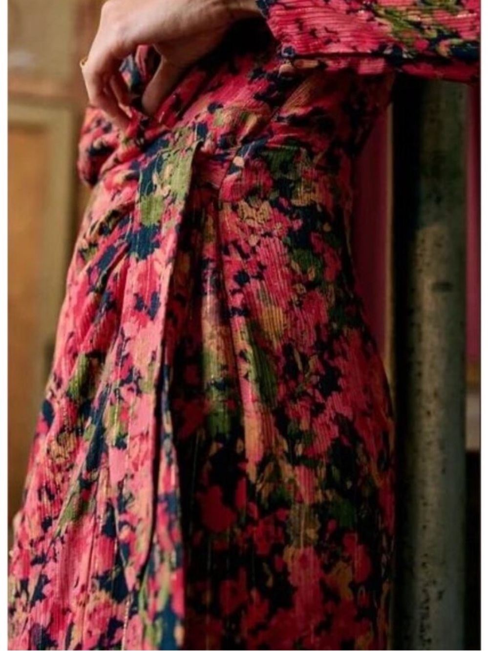 SEZANE Metallic Pink Floral Printed Long Sleeve V Neck Armonie Silk Wrap Dress - Picture 4 of 14